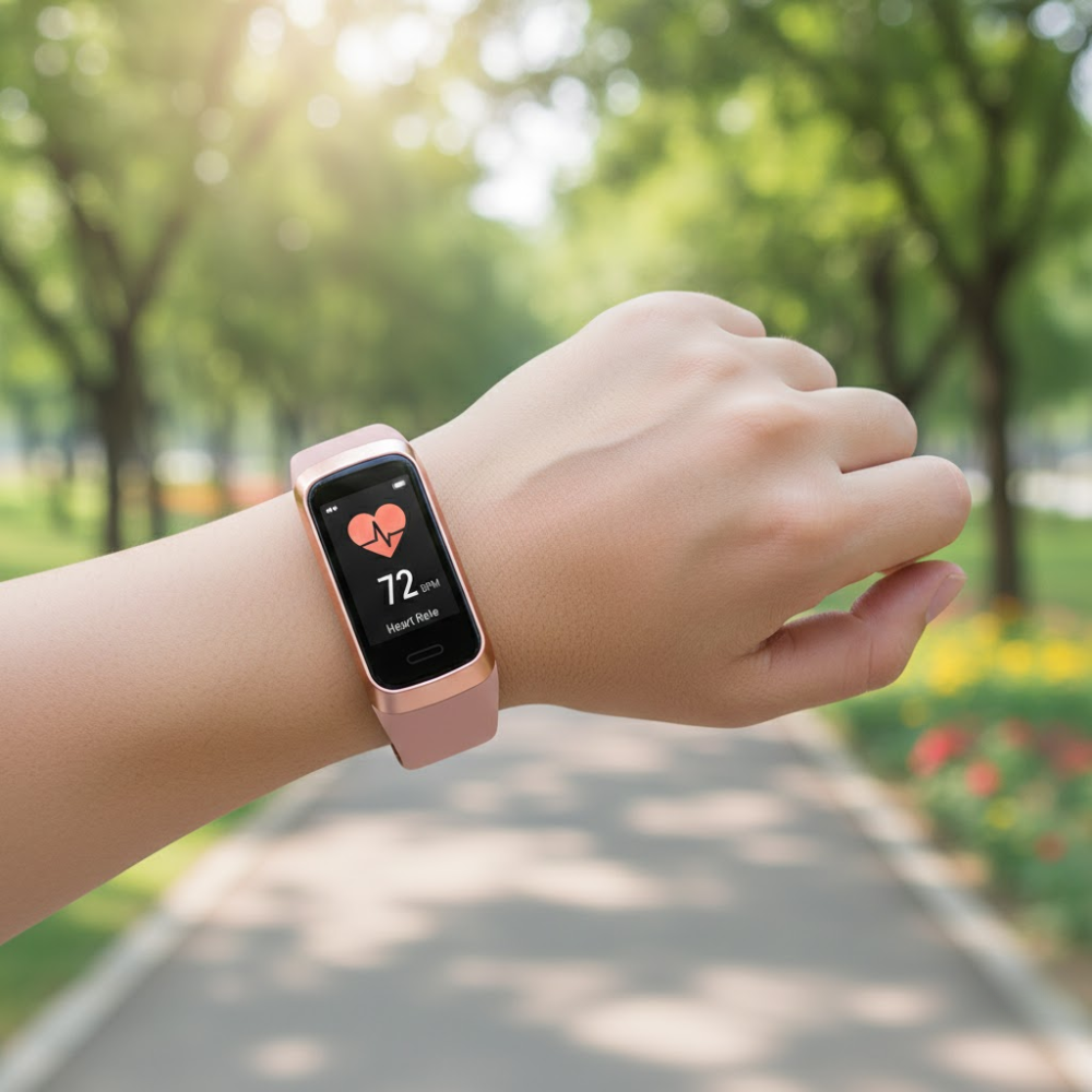 Smartwatch on a wrist with a park background