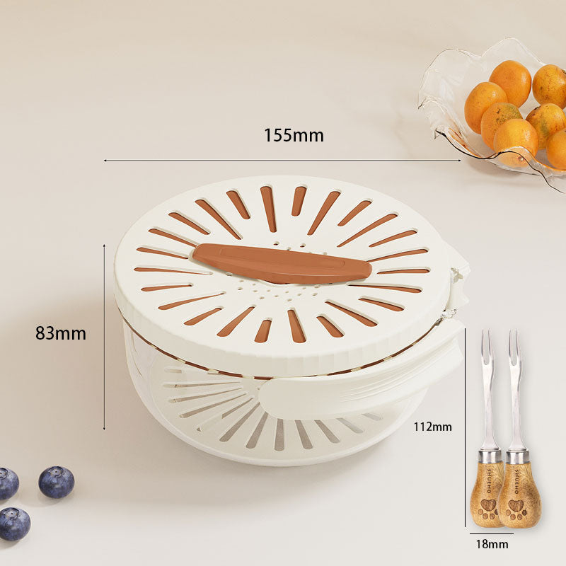 White kitchen tool with brown accents and measurements on a light background