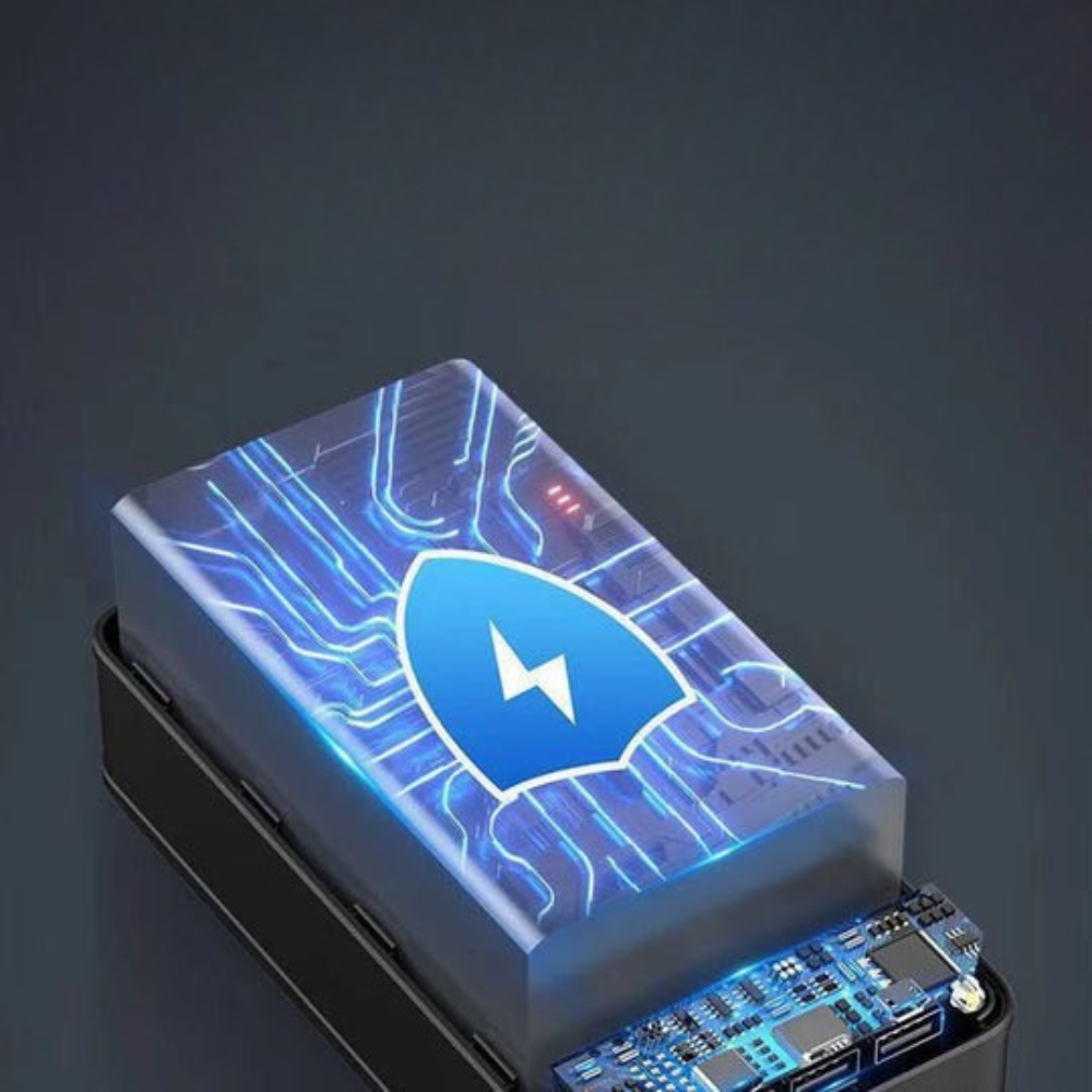 Electronic device with a blue logo on a dark background