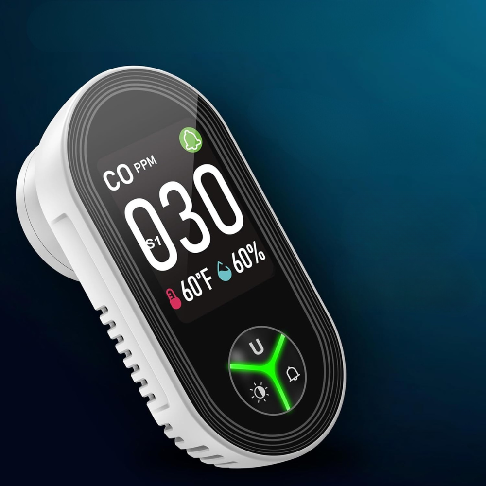 Digital air quality monitor with a dark blue gradient background
