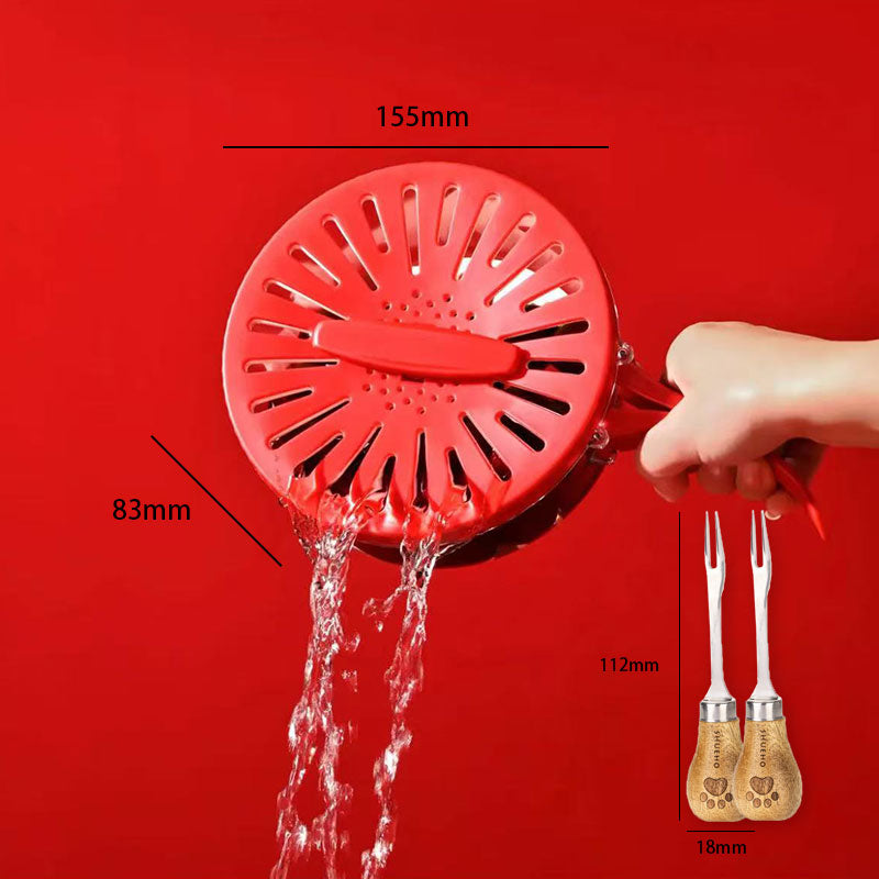 Red shower head with water flow and measurements on a red background