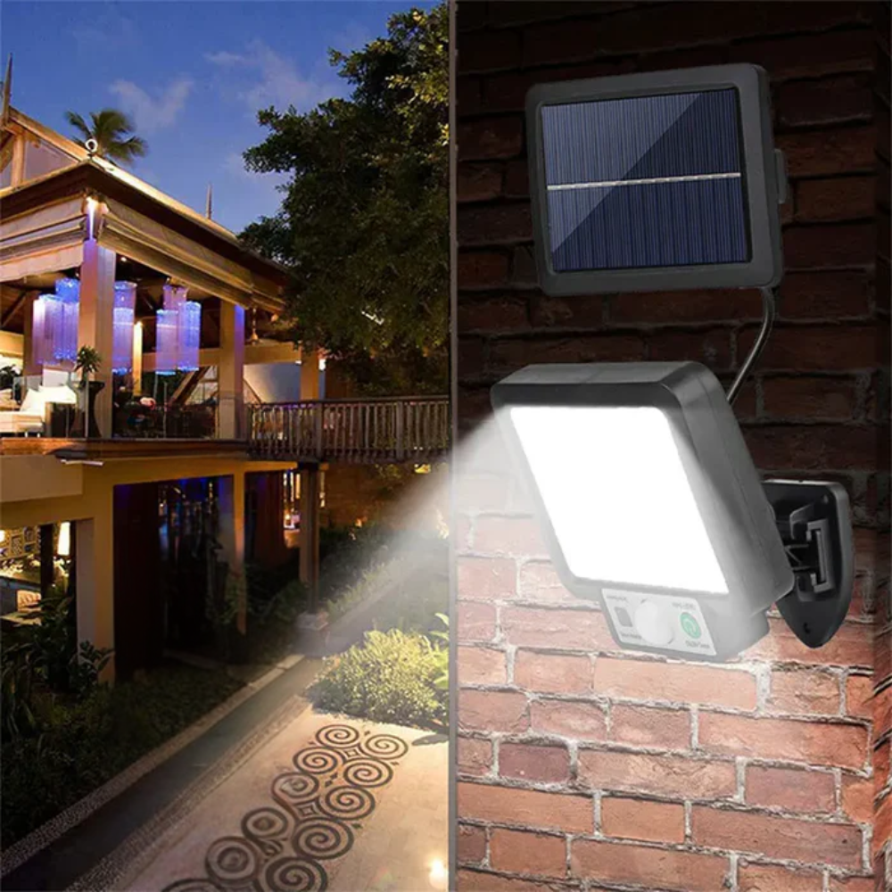Solar-powered outdoor light fixture on a brick wall with a patio scene in the background.