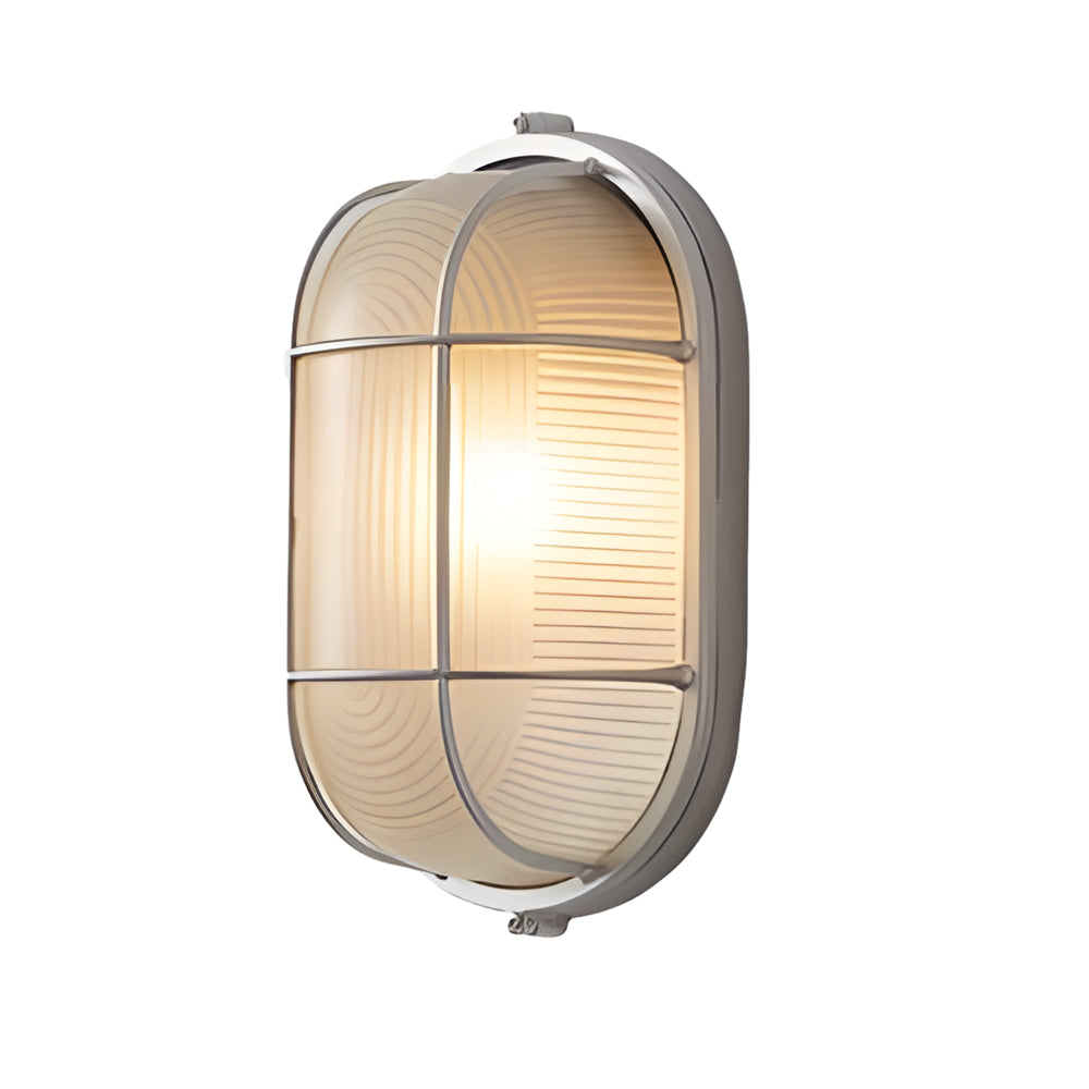 Wall-mounted outdoor light fixture with glass cover on a white background