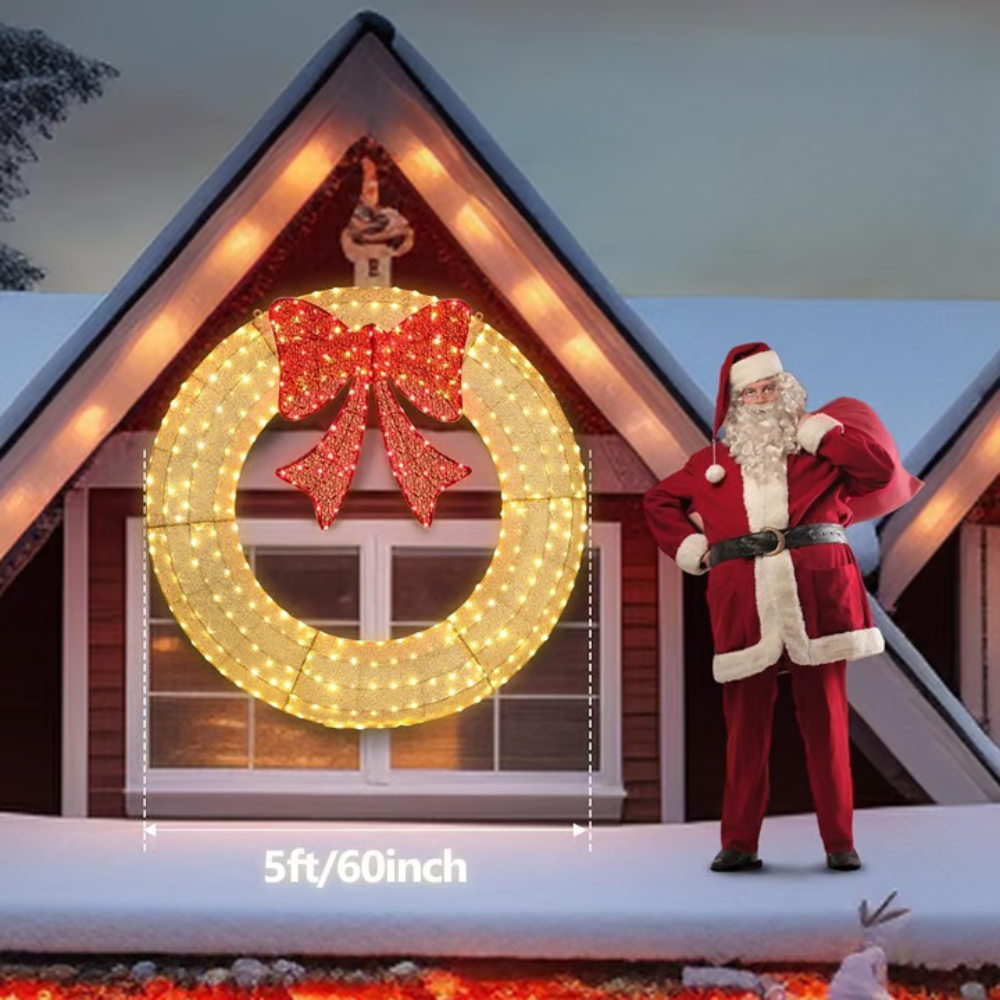 Premium Outdoor Christmas Wreath – Pre-Lit Holiday Door Wreath with 400 Warm LED Lights & Red Bow