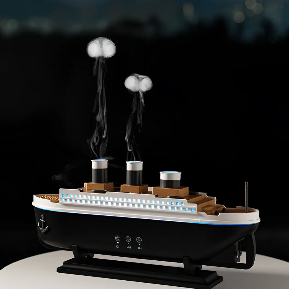 Model of a ship with smokestacks and smoke on a dark background