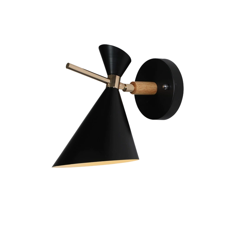 Black wall sconce with wooden accents on a white background