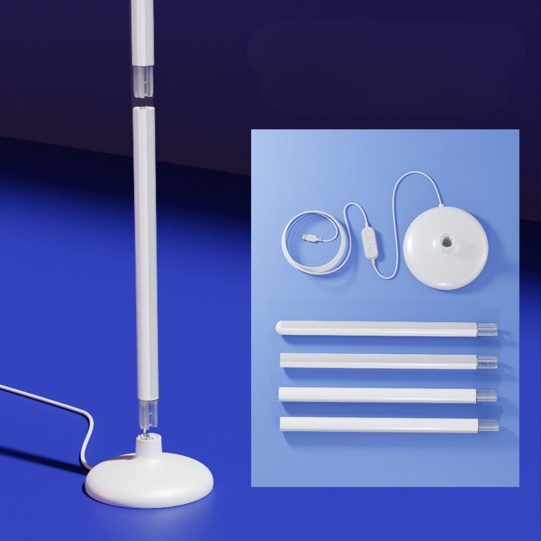 White floor lamp with accessories on a blue background
