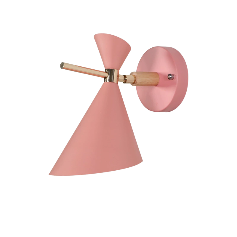 Pink wall sconce with wooden arm on a white background