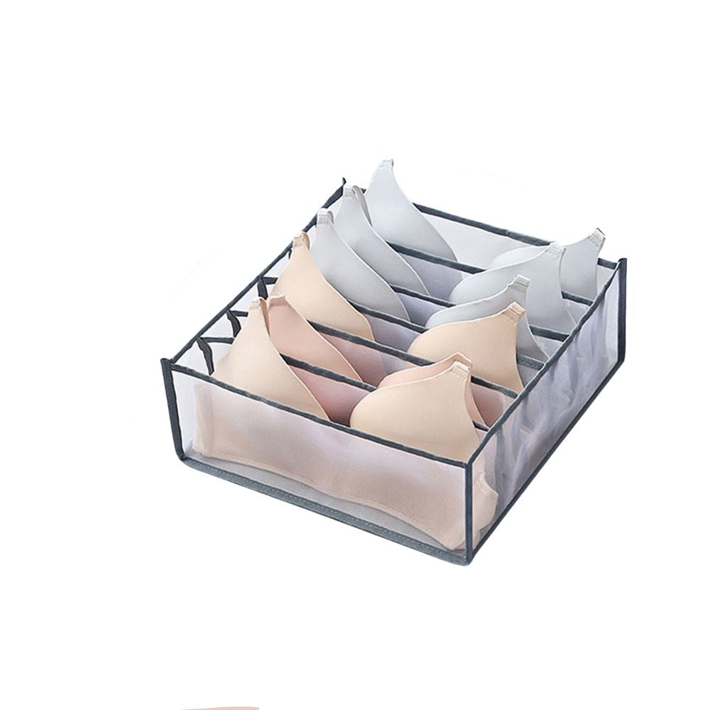 Bra organizer with six slots containing bras, showing dimensions on a white background.