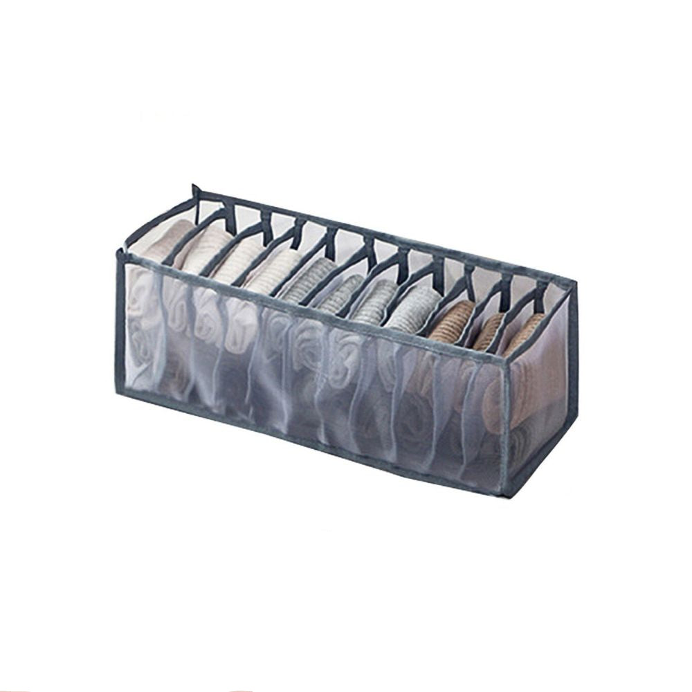 Gray sock organizer with dimensions on a white background