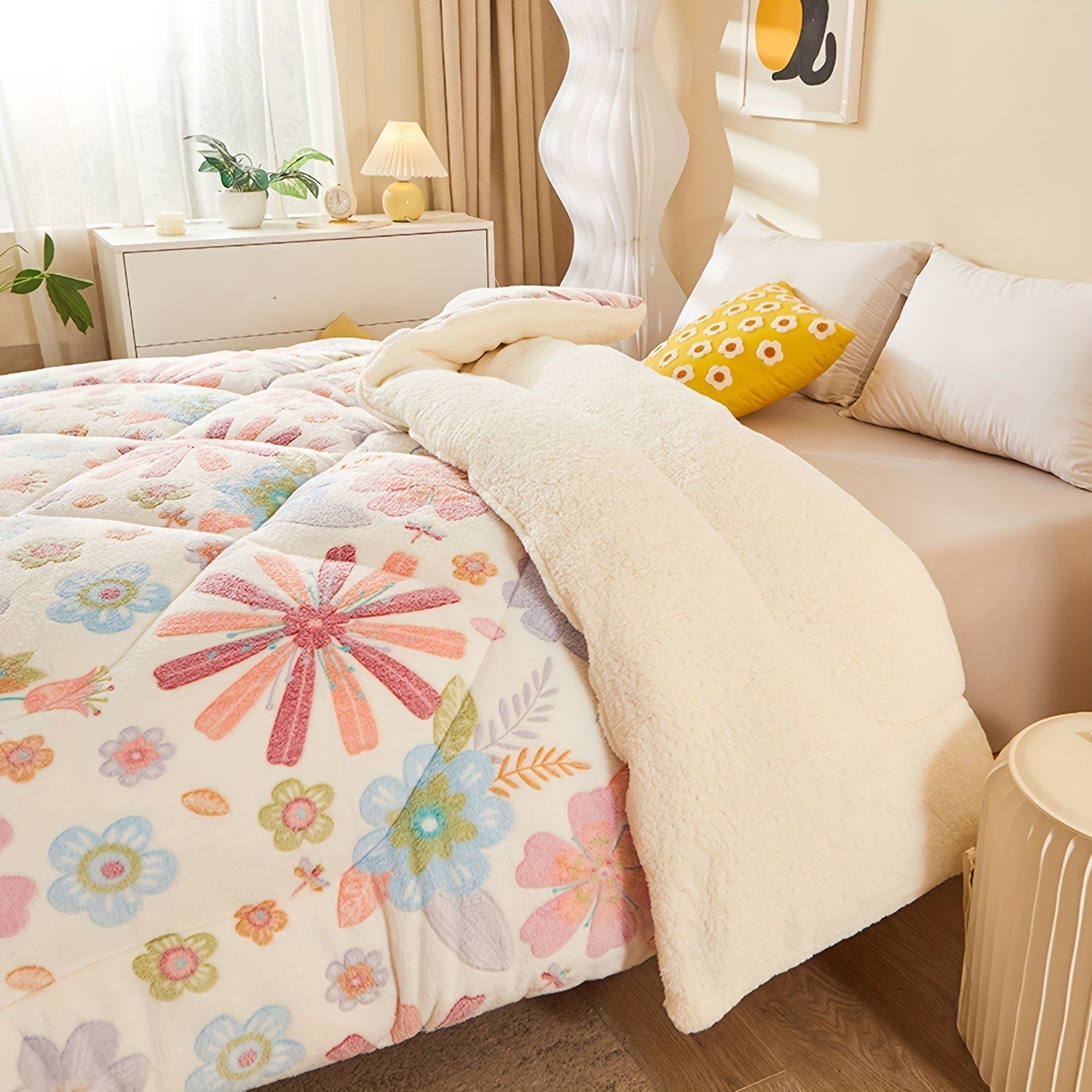 Bed with floral comforter and yellow pillow in a bedroom setting