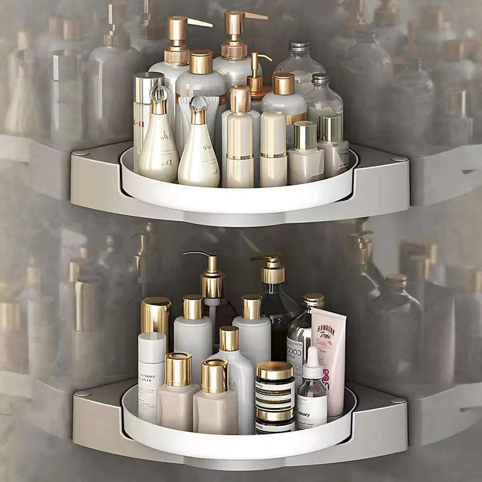Cosmetic organizer with various skincare products on a reflective surface