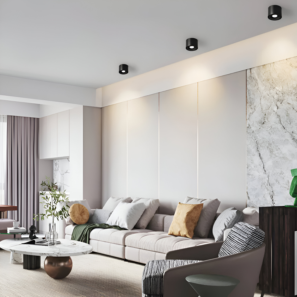 Modern living room with a gray sectional sofa, coffee table, and decorative elements.