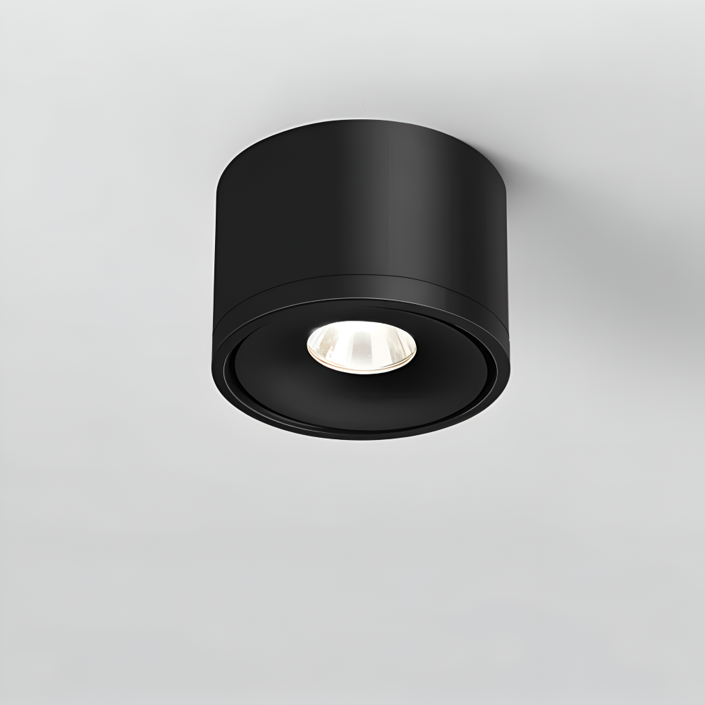 Black cylindrical ceiling light fixture on a gray background
