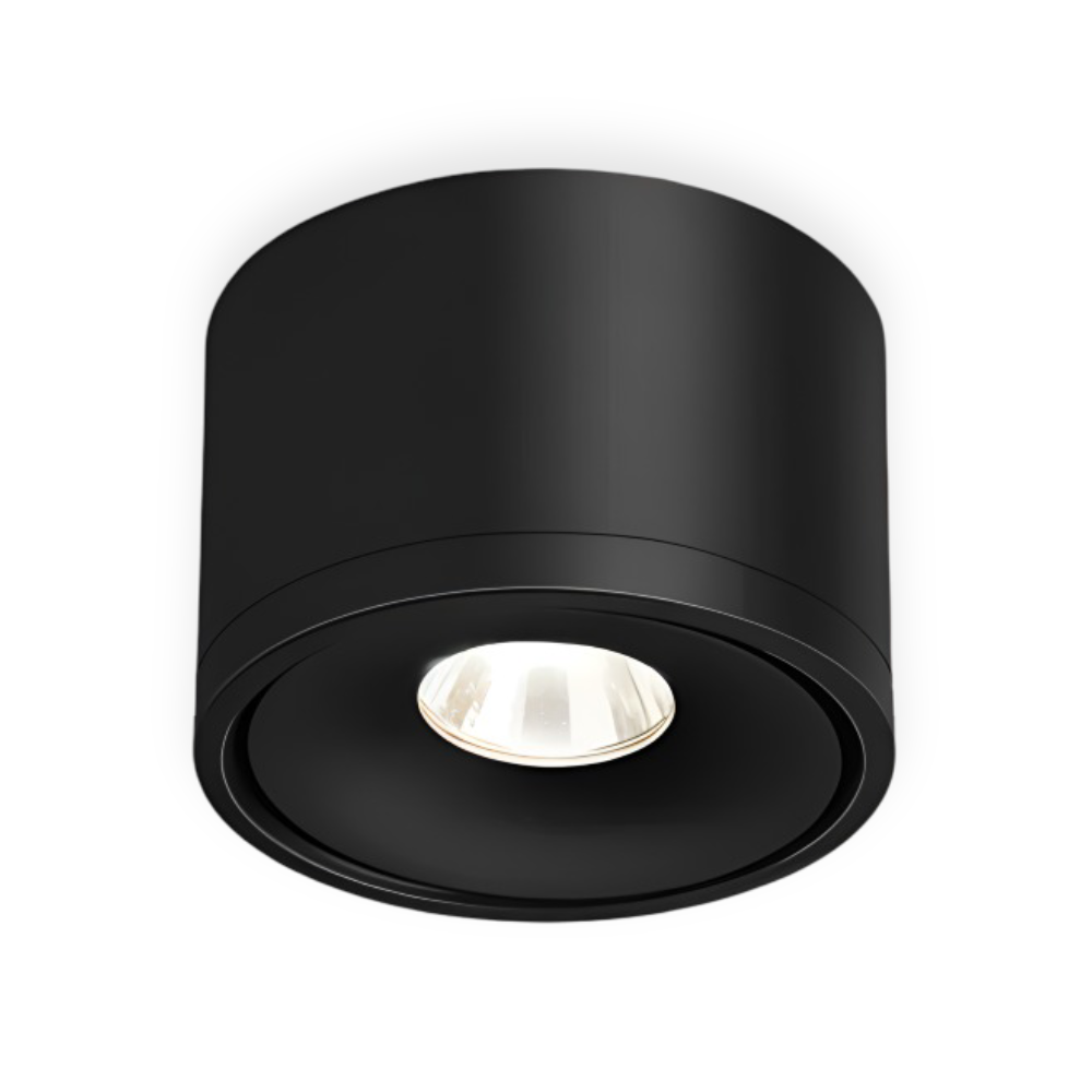 Black cylindrical ceiling light fixture on a white background