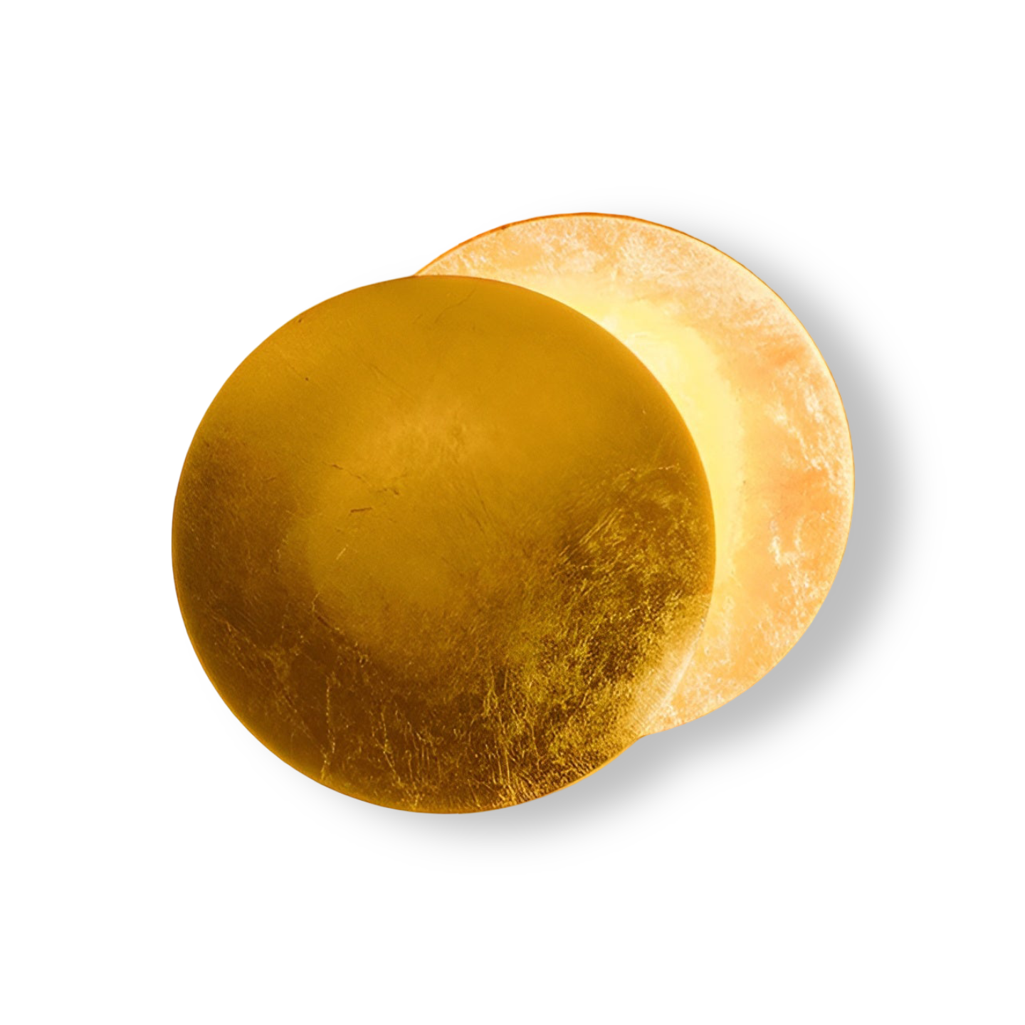 Two gold circular objects on a white background