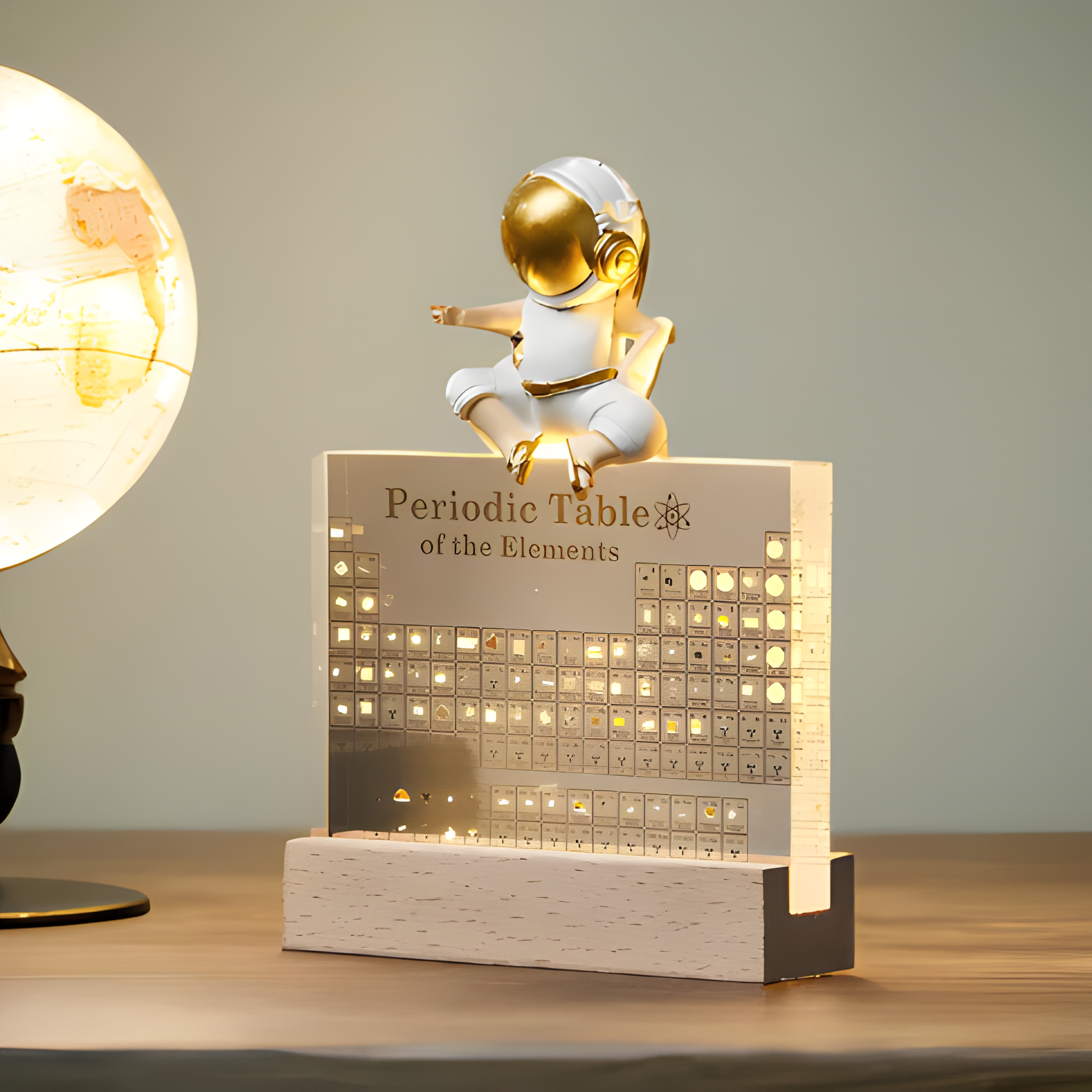 Decorative item with a periodic table design and a small figure on top, illuminated on a wooden surface.