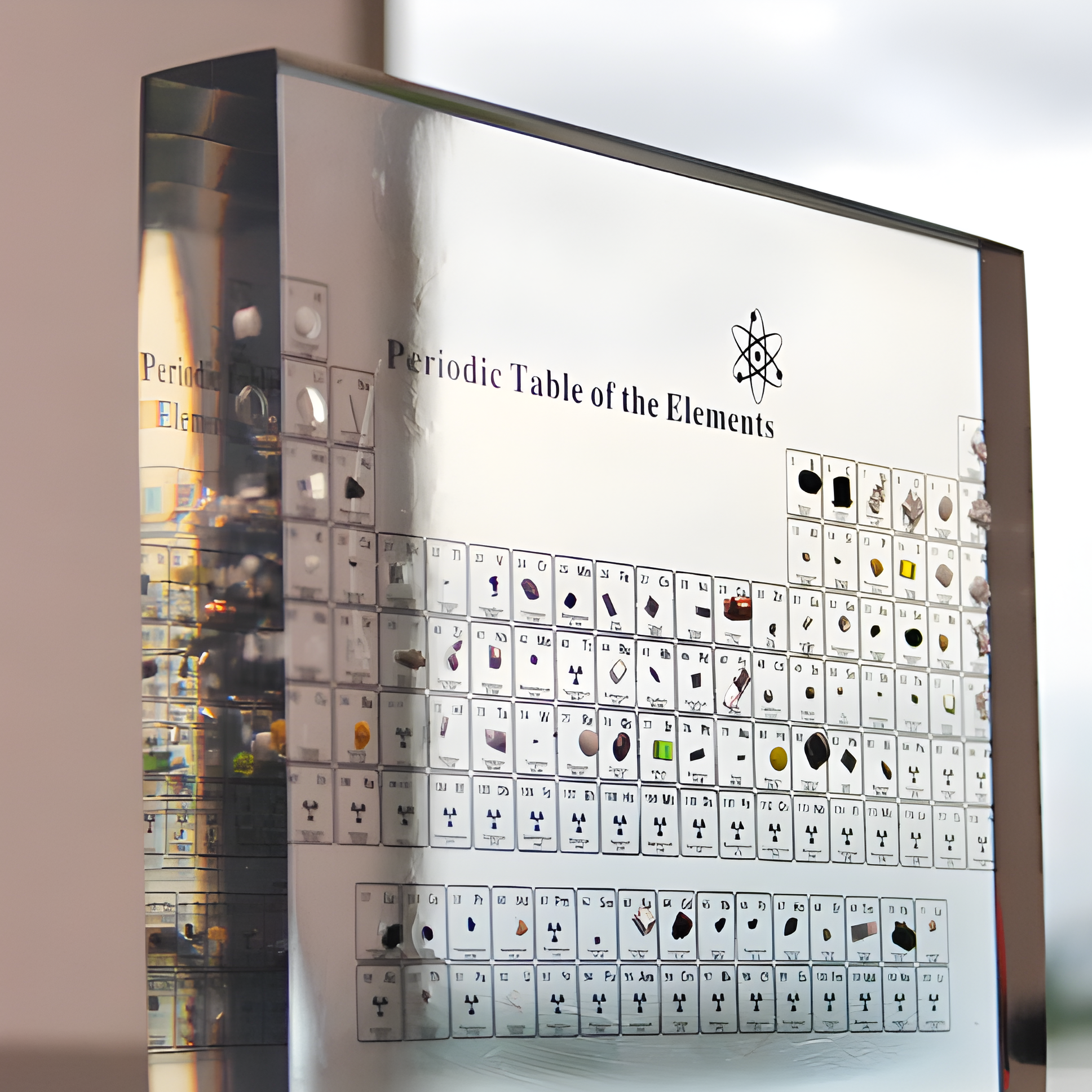 Periodic Table of Elements with real elements displayed in a metallic box