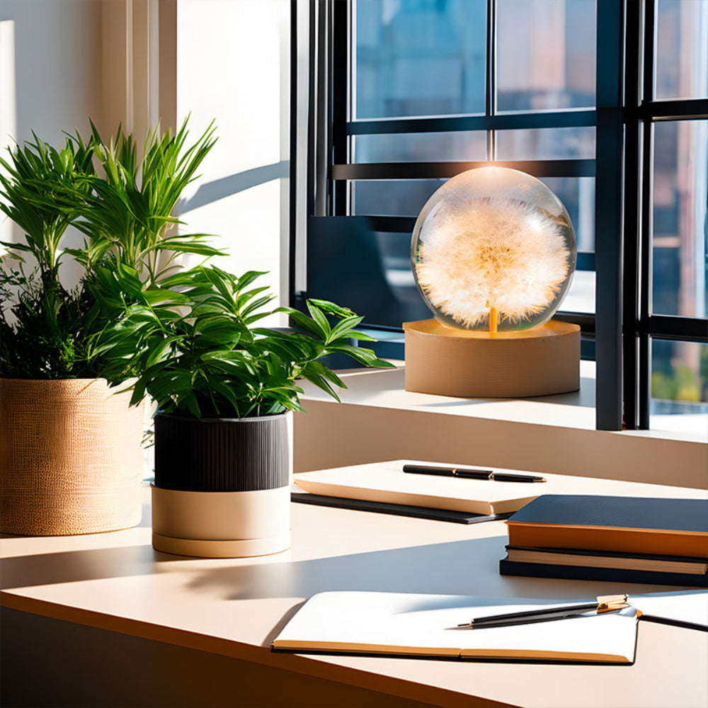 Modern office desk with plants, a lamp, and office supplies near a window.