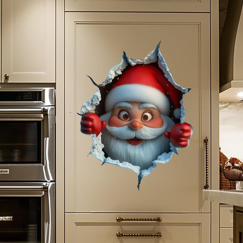 Cartoon character with a red hat and white beard peering through a torn paper effect on a kitchen cabinet.