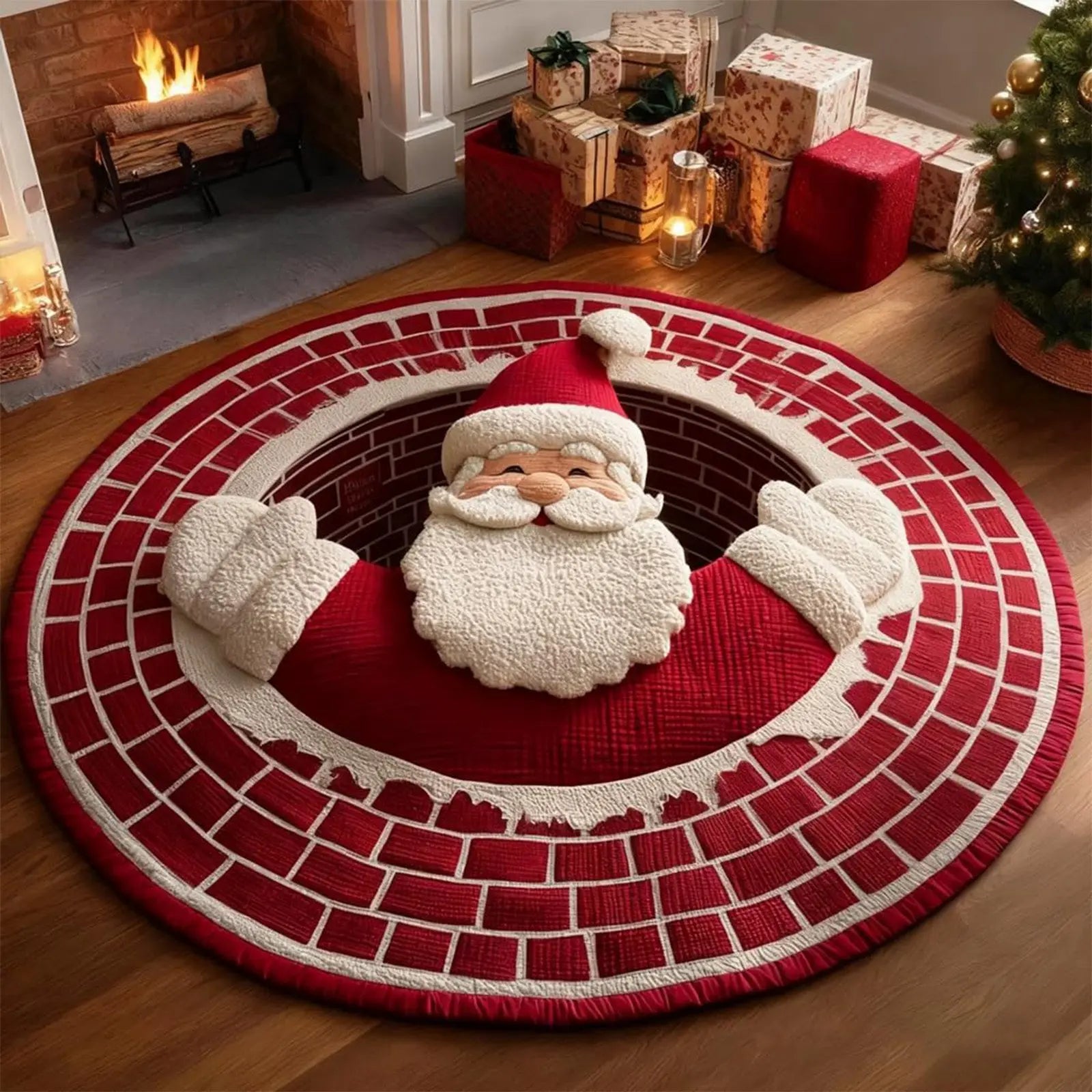 Round Santa Claus rug with a fireplace design on a wooden floor.