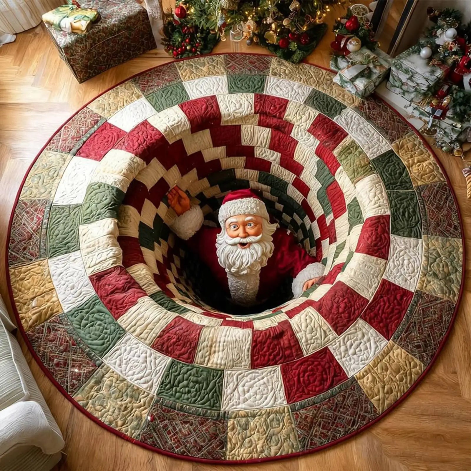 Decorative Christmas tree skirt with a Santa Claus figure on a wooden floor.