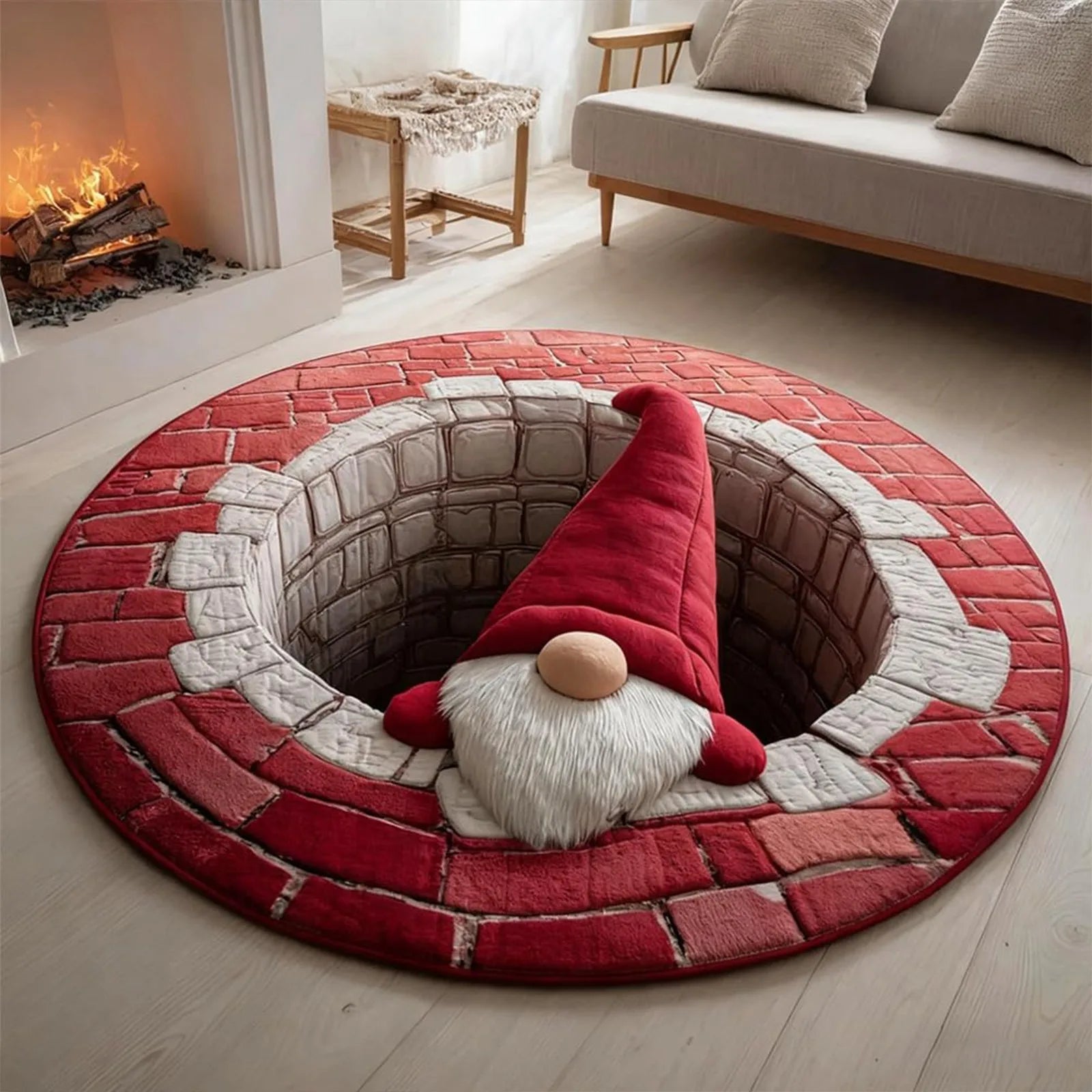 Round red rug with gnome design in a living room setting