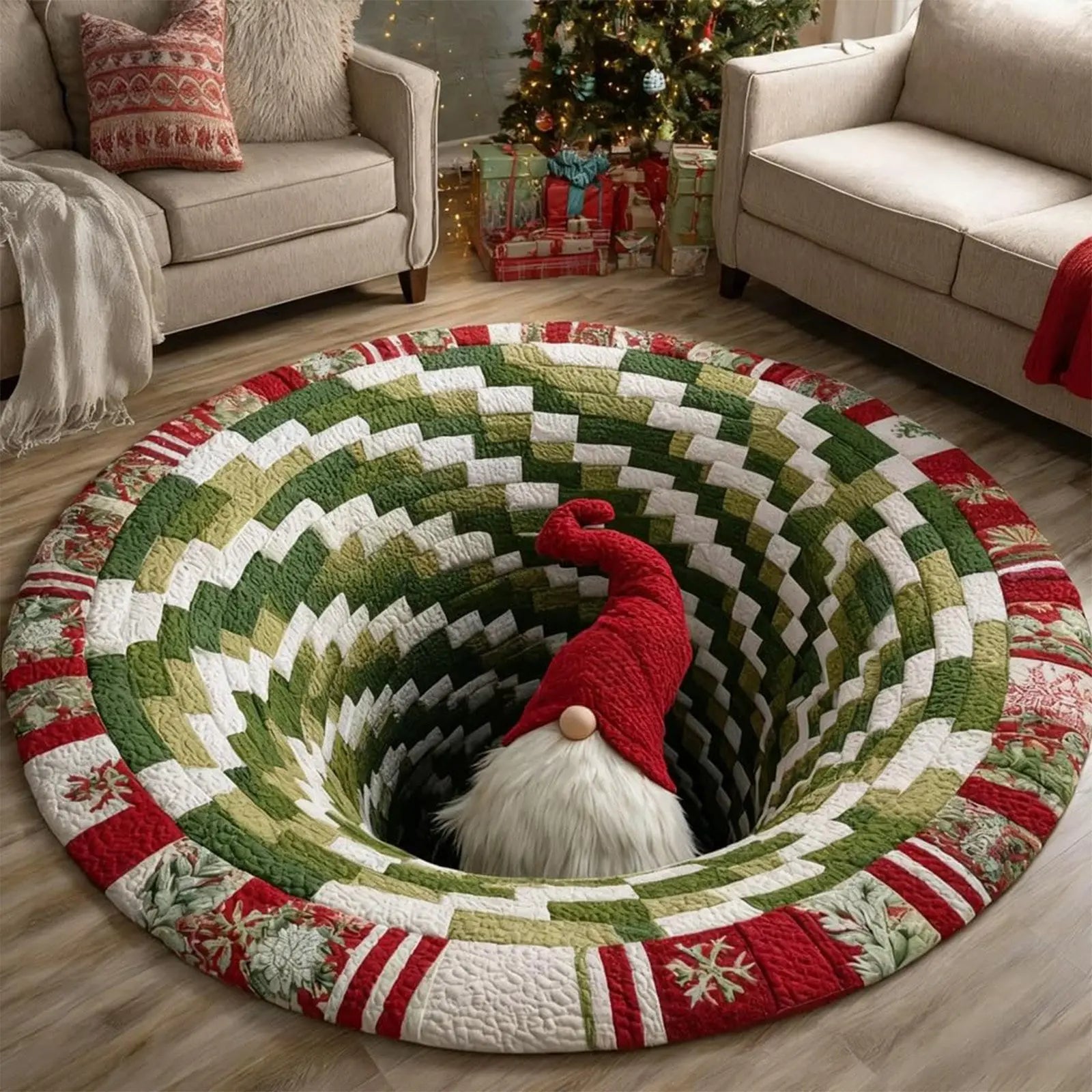 Round quilted rug with a Christmas-themed design featuring a gnome, placed in a living room.