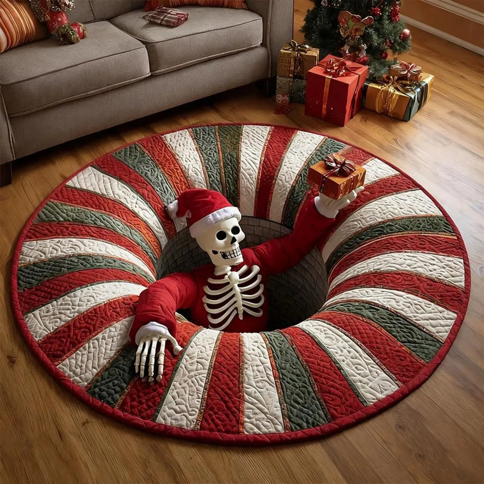 Round Christmas-themed rug with skeleton wearing a Santa hat and holding a gift, placed on a wooden floor.