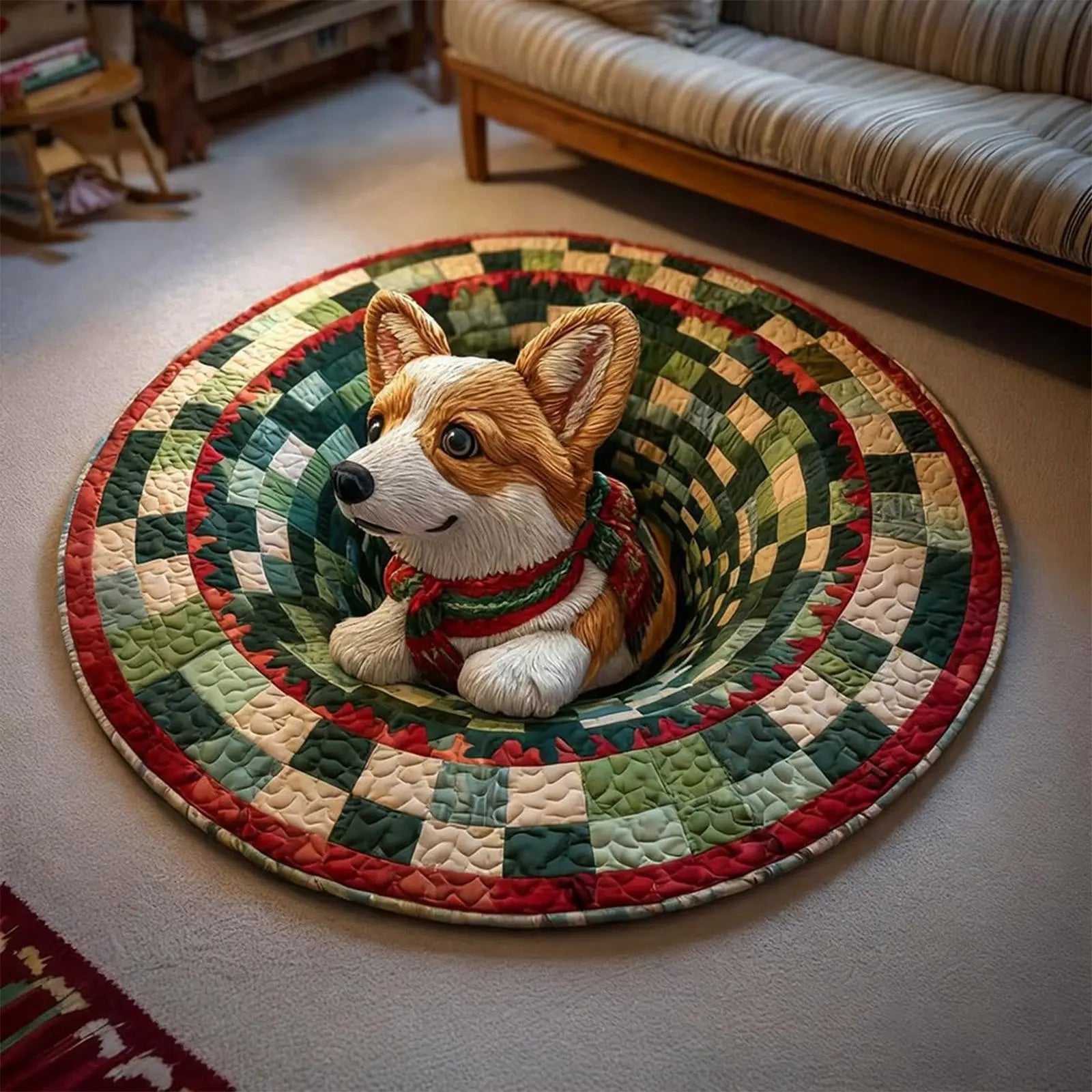 Round quilted rug with a dog design in a living room setting