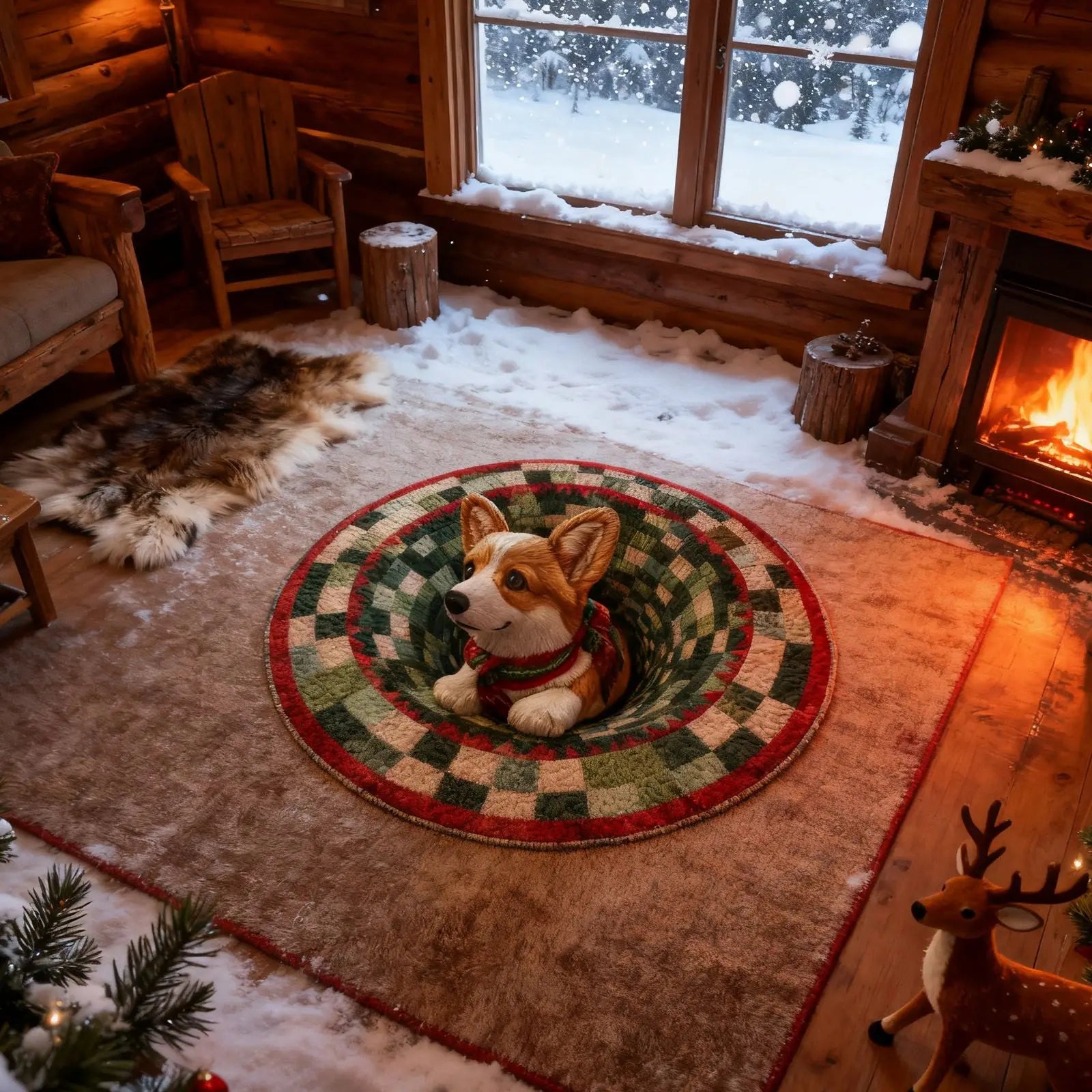 Cozy cabin interior with a dog figurine on a rug, fireplace, and snow outside.