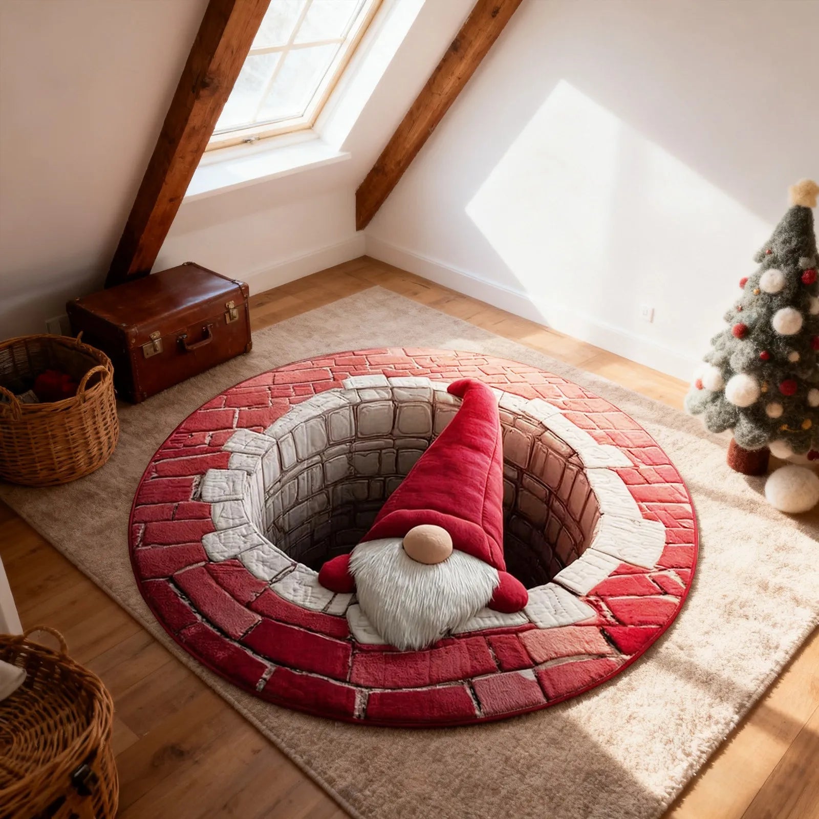 Round red rug with a gnome design in a room with wooden floor and window.