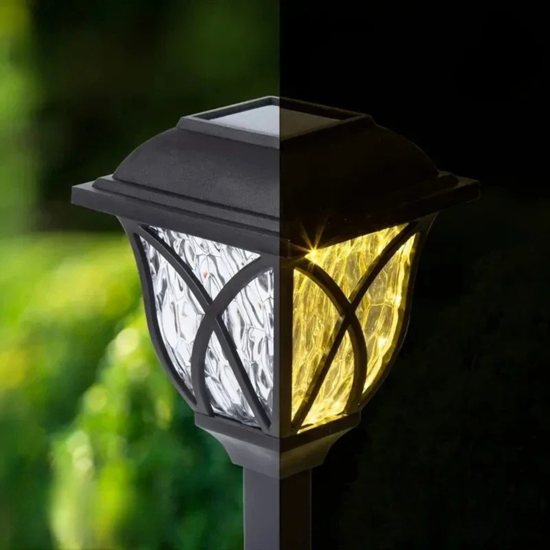 Solar lamp post with light on and off, outdoors.
