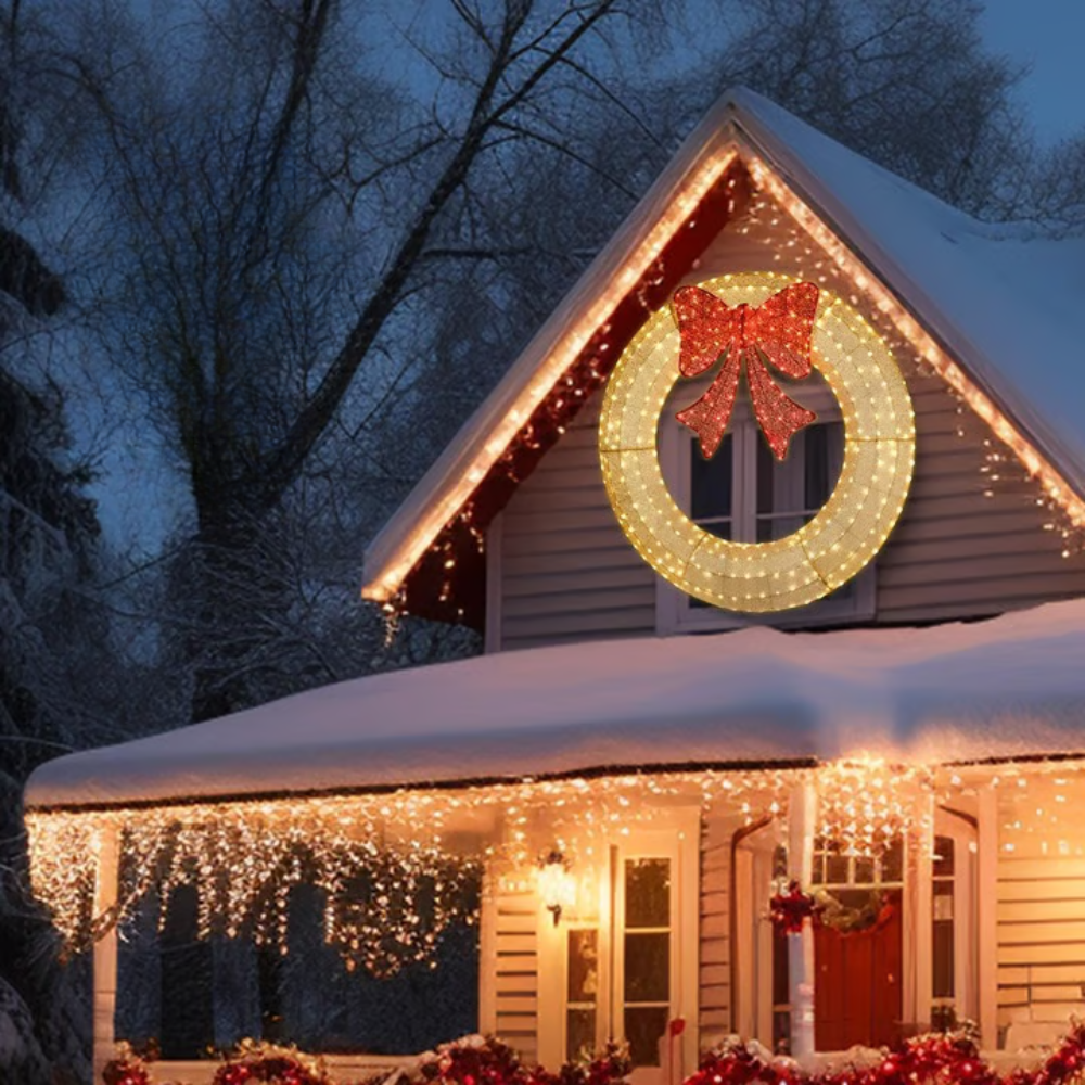 House decorated with Christmas lights and a large wreath on the roof during winter.