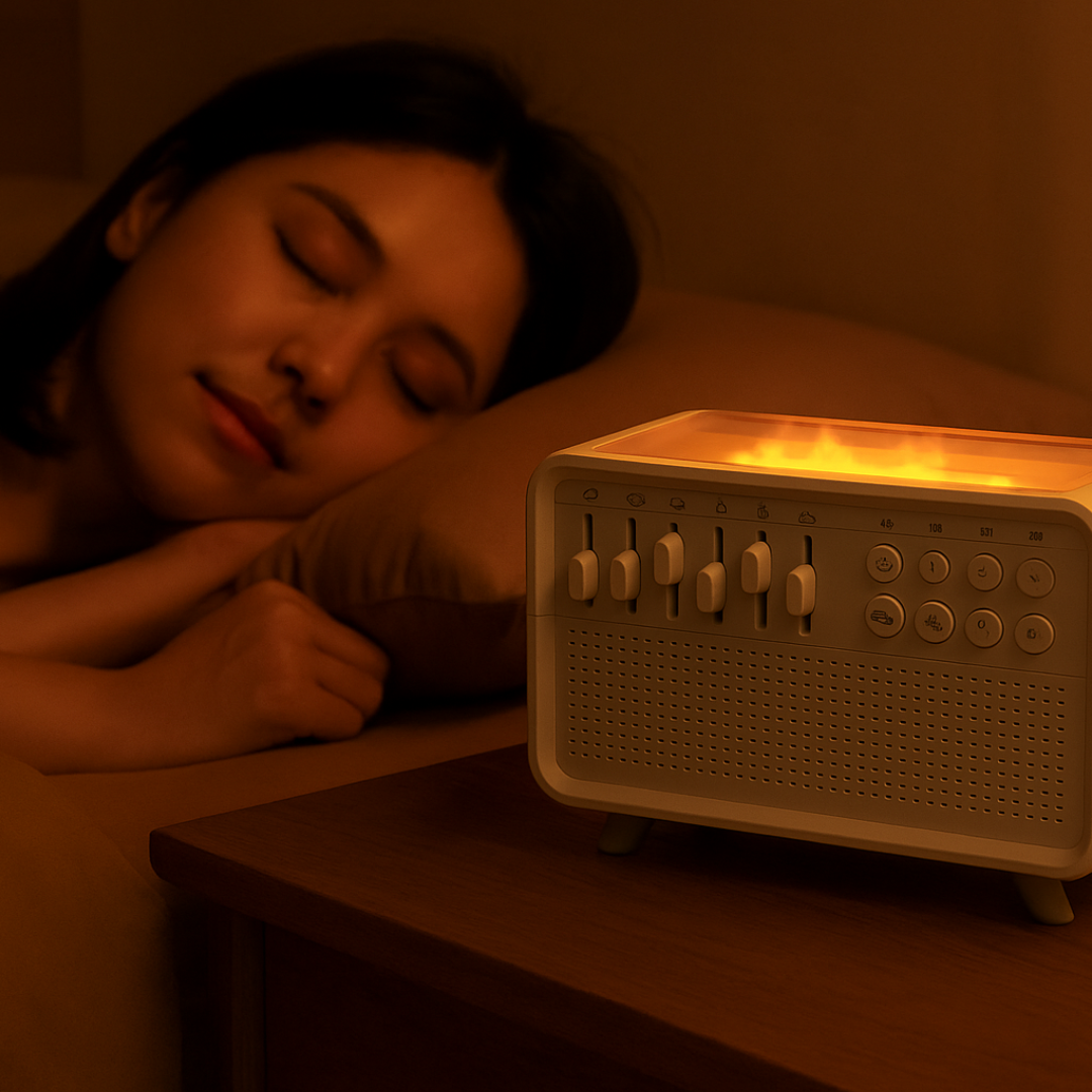 Woman sleeping with a vintage-style radio on a nightstand in a dimly lit room