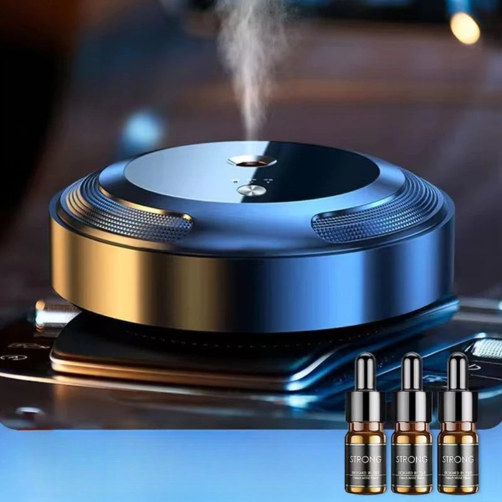Blue and gold vape device with steam and three vape juice bottles labeled 'Strong' on a blurred background.