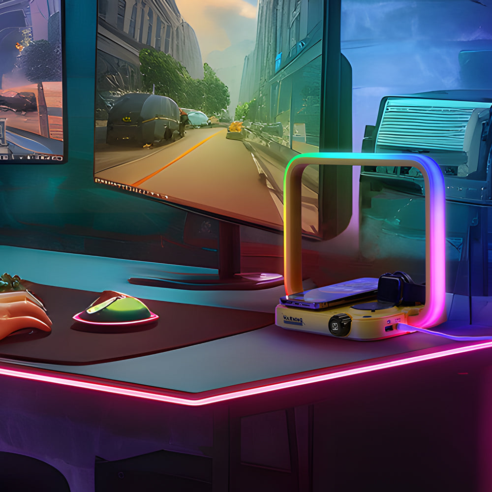 Gaming setup with neon lights and a cityscape on the screen