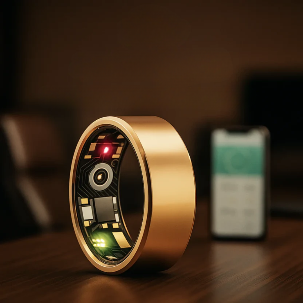 Gold ring with electronic components on a wooden surface, blurred phone in the background