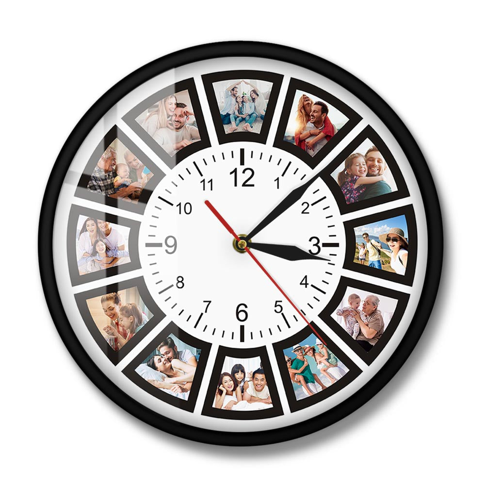 Wall clock with multiple photo frames around the edge on a white background