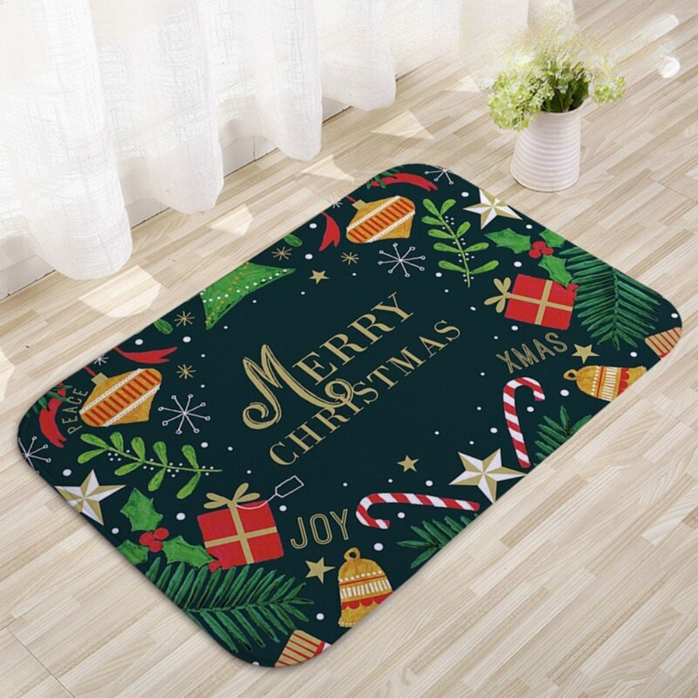 Christmas-themed doormat with festive designs on a wooden floor.