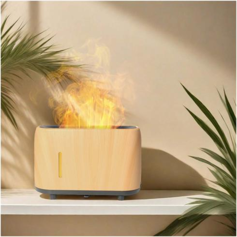 Wooden fire pit with flames on a shelf with plants in the background