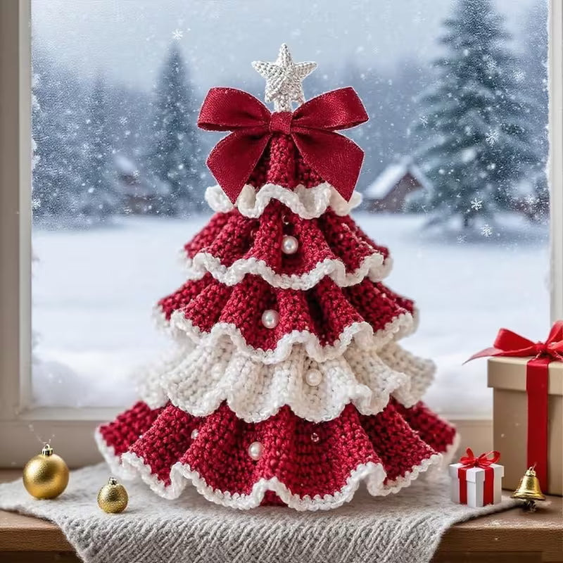 Knitted red and white Christmas tree with a star on top, set against a snowy window background.