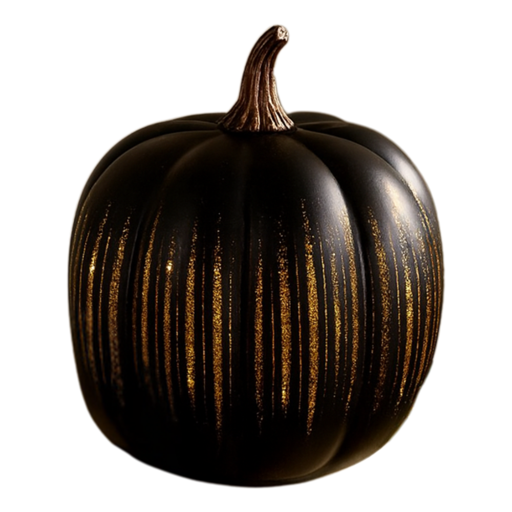Decorative pumpkin with gold vertical stripes on a white background