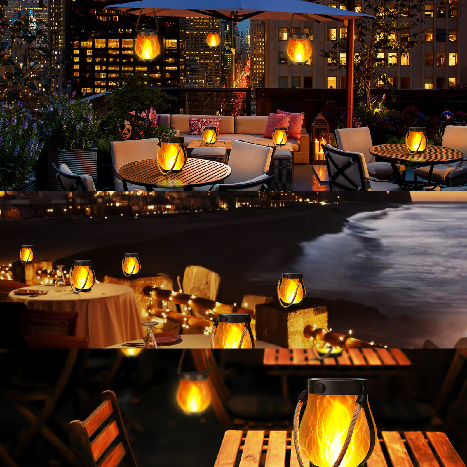 Evening outdoor setting with tables, chairs, and lanterns by a poolside.