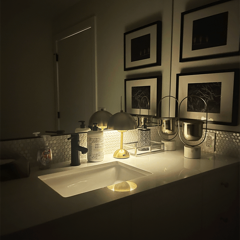 Bathroom counter with sink, lamp, and decorative items in a dimly lit room.
