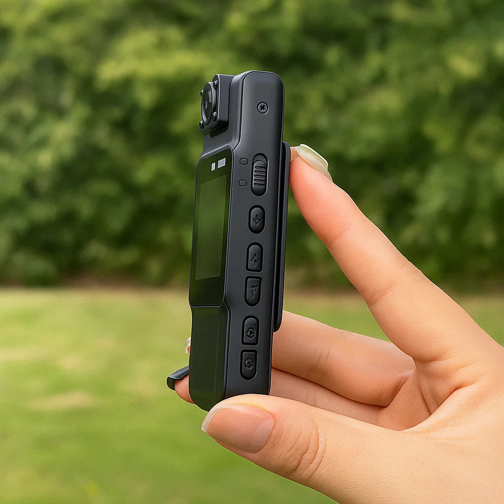 Hand holding a small black device with buttons against a blurred green outdoor background