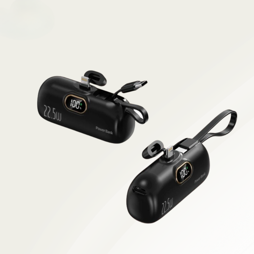 Two black power banks with digital displays on a light gray background