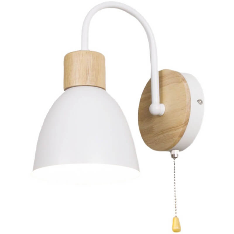 Wall lamp with white shade and wooden accents on a white background