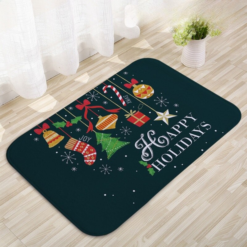 Christmas-themed doormat with decorative elements and 'Happy Holidays' text on a wooden floor.