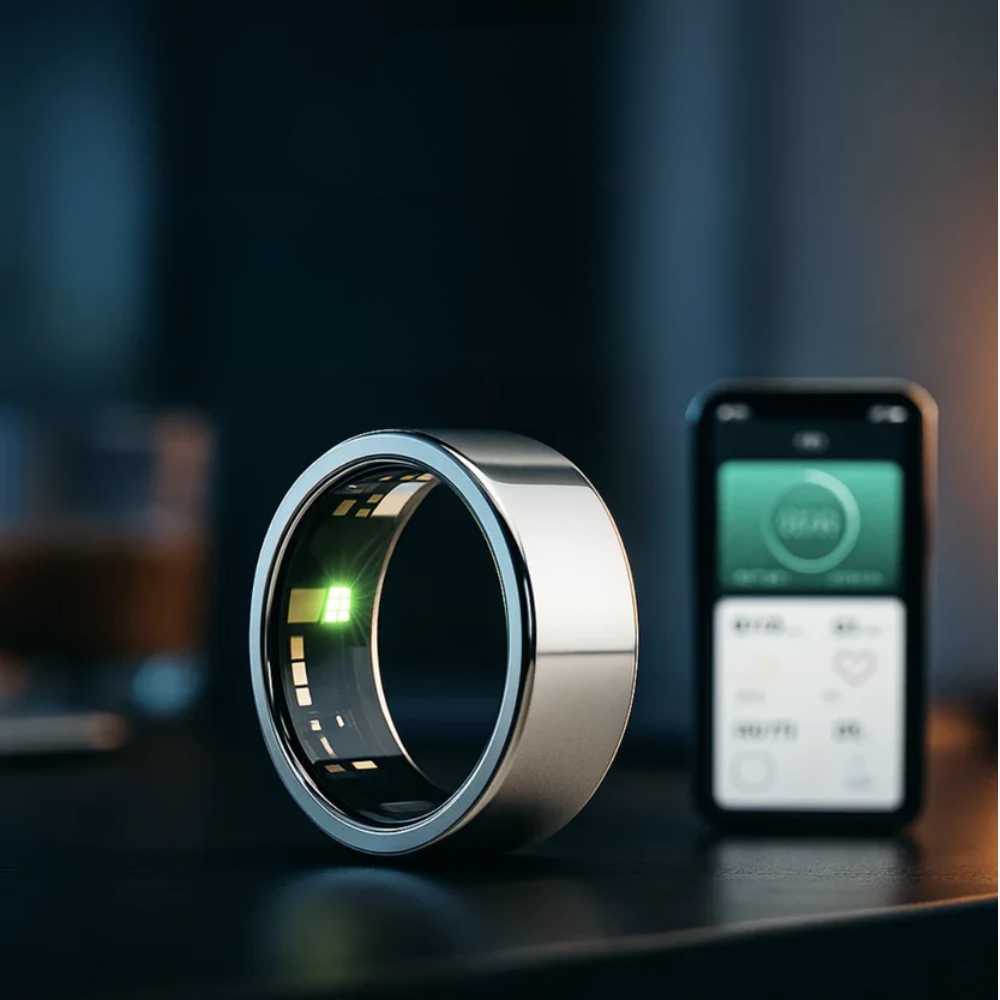 Smart ring with a smartphone displaying app interface on a dark surface